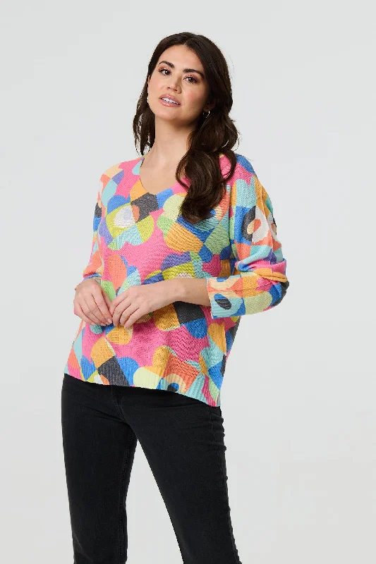 Abstract V-Neck Long Sleeve Knit Top