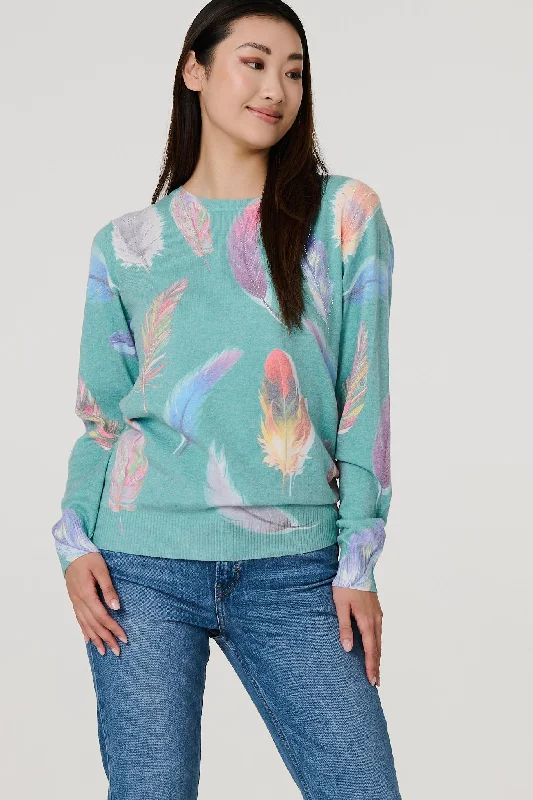 Feather Print Diamante Detail Jumper