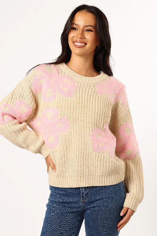 Wren Large Flower Knit Sweater - Cream